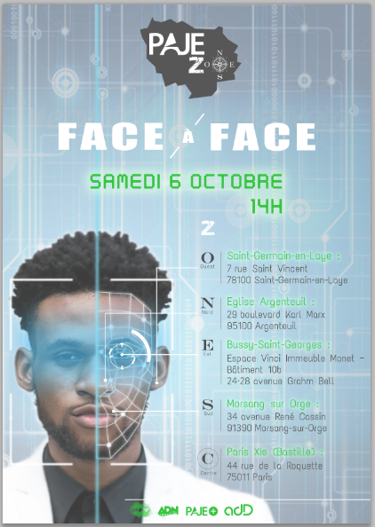Affiche PAJE Zones « Face à face », 6 octobre 2018, sur cinq zones.