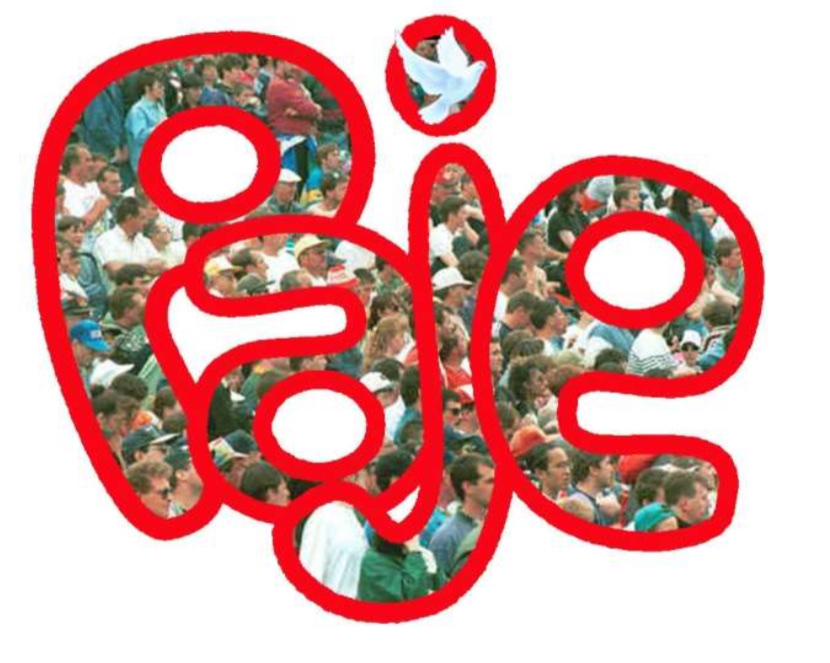 Logo historique de PAJE : le lettrage rouge découpé sur une photo de foule, surmonté d’une colombe.