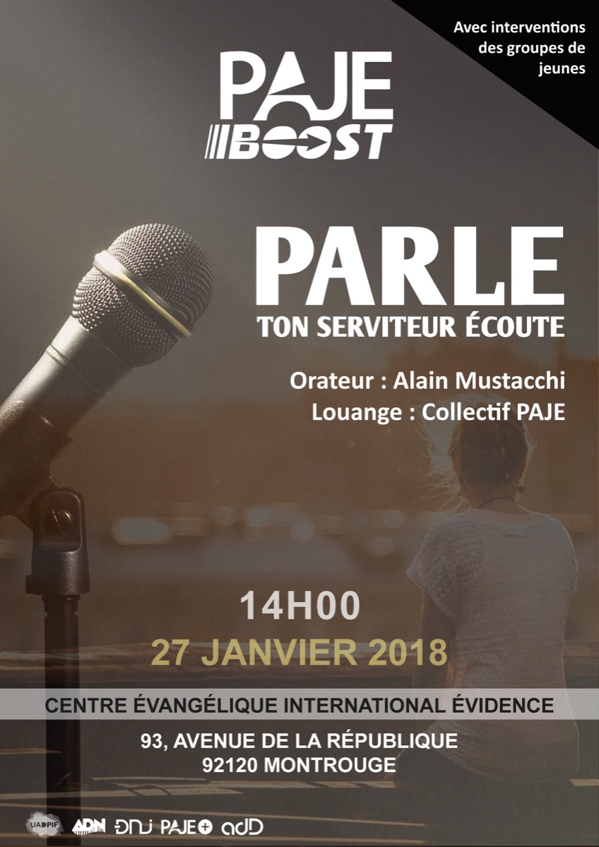 Affiche PAJE Boost « Parle, ton serviteur écoute », 27 janvier 2018, à Montrouge.