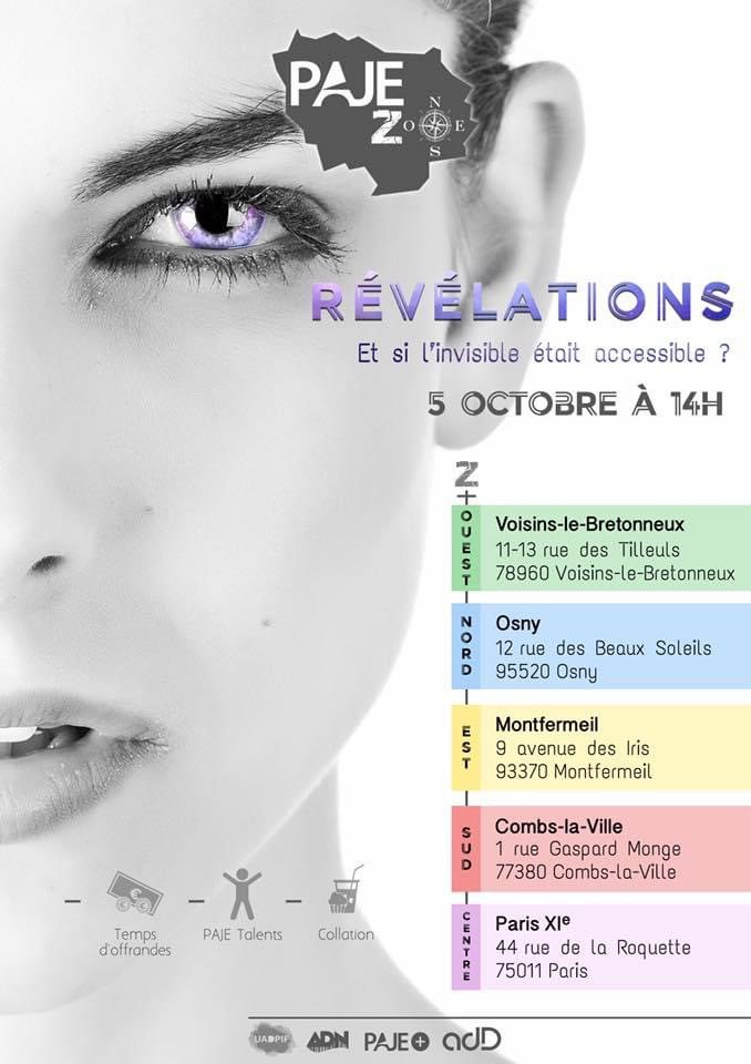 Affiche PAJE Zones « Révélations », 5 octobre 2019, sur cinq zones.