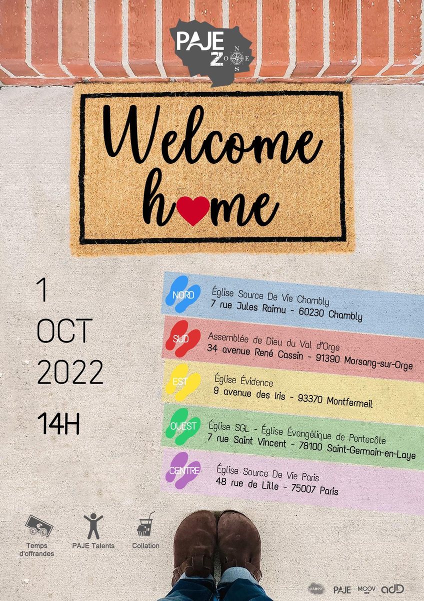 Affiche PAJE Zones « Welcome home », 1er octobre 2022, sur cinq zones.
